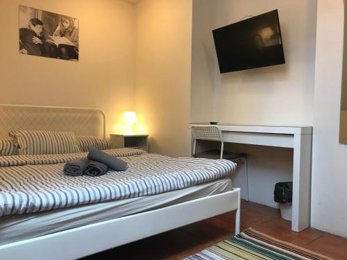 a bedroom with a bed with a tv on the wall at U Romana in Poznań