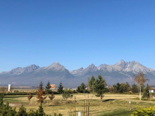a field with a mountain range in the background at GOLDENapartment in Veľká Lomnica