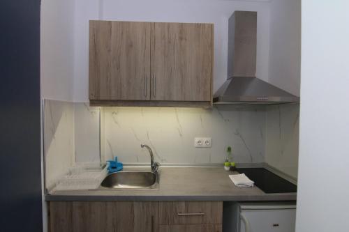 a kitchen with wooden cabinets and a sink at Sea Breeze Studios in Paleokastritsa
