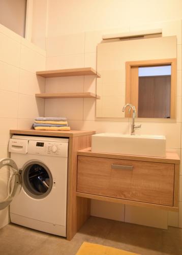 a bathroom with a sink and a washing machine at Urbanhof Prantenberger in Bolzano
