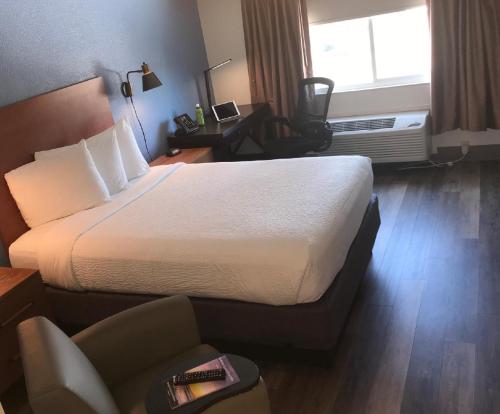 a hotel room with a bed and a chair and a window at Hotel Focus SFO in South San Francisco
