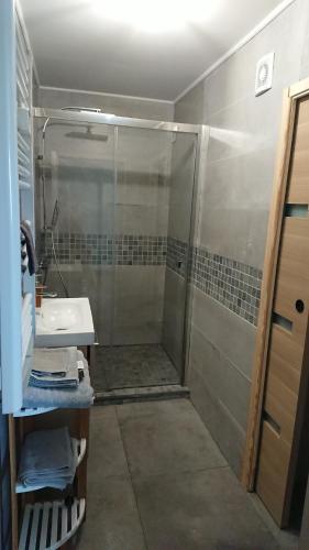 een badkamer met een douche en een wastafel bij L'abri côtier in Équihen-Plage