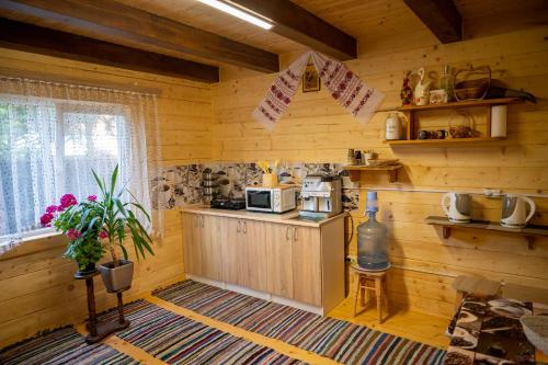 uma cozinha num chalé de madeira com um micro-ondas em Rybatska 7 em Chornomorsk
