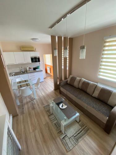 a living room with a couch and a table at Apartmani Rajin in Vršac