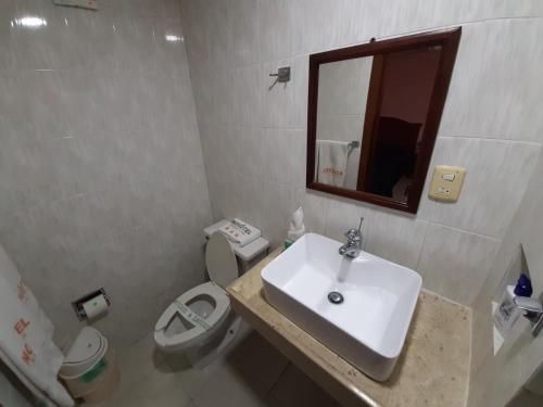 a bathroom with a sink and a toilet and a mirror at Novotel De Poza Rica in Poza Rica de Hidalgo