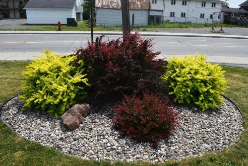 a garden with colorful plants in the middle of a street at Knights Inn Arnprior in Arnprior