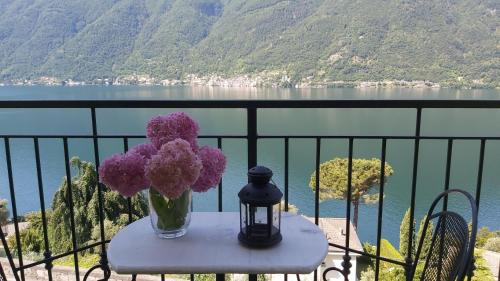 a vase of flowers on a table with a view of a lake at Balcone dei Limoni in Nesso