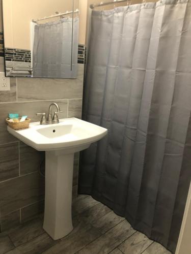 a bathroom with a sink and a shower curtain at Skyview Motor Inn in Johnston