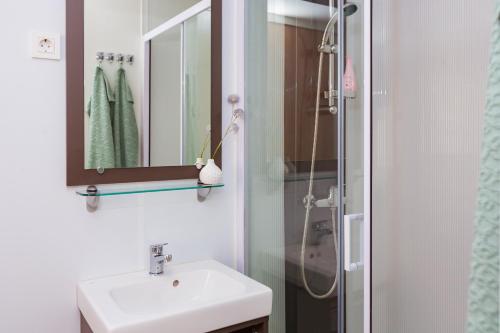 a bathroom with a sink and a shower with a mirror at Casapini Couple Mobile Home FKK in Poreč