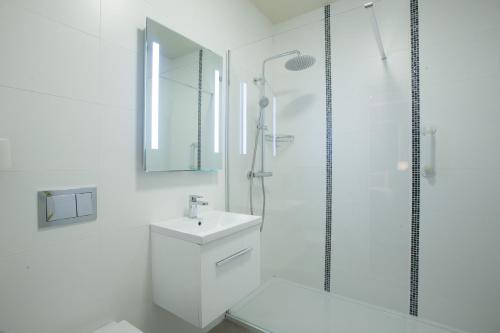 La salle de bains blanche est pourvue d'une douche et d'un lavabo. dans l'établissement Glenavon House Hotel, à Cookstown