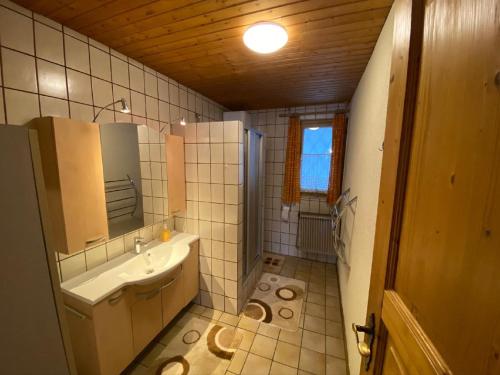 een badkamer met een wastafel en een spiegel bij Haus an der Bergwiese in Waldkirchen