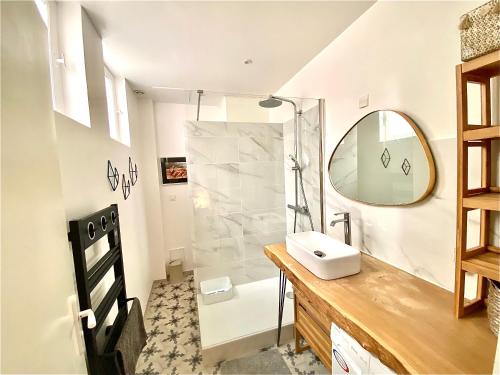 La salle de bains est pourvue d'une douche, d'un lavabo et d'un miroir. dans l'établissement Appartement luxe terrasse climatisation centre d Aix, à Aix-en-Provence