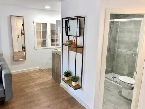 a bathroom with a toilet and a sink and a mirror at Apartamento Centrico - Casta Alvarez in Zaragoza