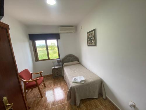 1 dormitorio pequeño con 1 cama y 1 silla en Hostal Restaurante EL AVION S,L, en Villar de Plasencia
