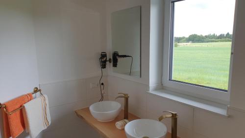 布蘭肯海姆的住宿－Eifelpension-Radlertraum，一间带两个盥洗盆和窗户的浴室