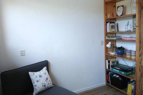 a living room with a couch and a book shelf at Ruim en huiselijk appartement met eigen tuin, compleet uitgerust, dichtbij natuur in Enter