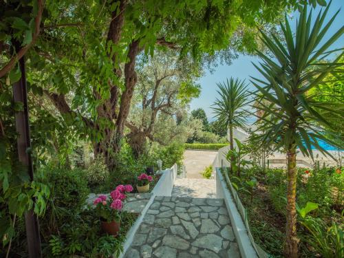 a path through a garden with trees and flowers at The Turtles Garden in Becici