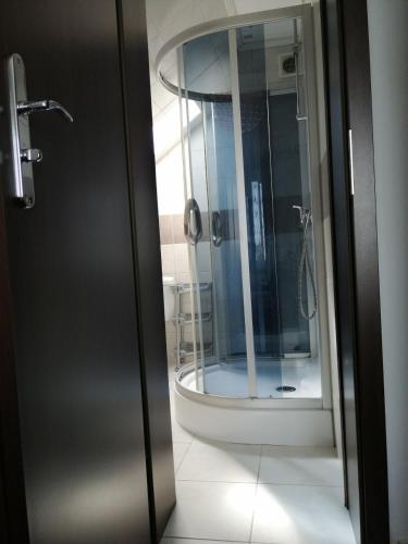 a bathroom with a shower with a glass door at Adria in Sarbinowo