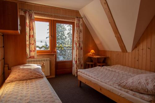 ein Schlafzimmer mit zwei Betten und einem Fenster in der Unterkunft MC82 - Anna Łukaszczyk in Małe Ciche