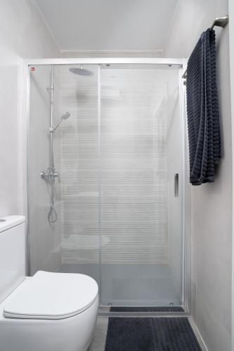 a bathroom with a glass shower with a toilet at Bilbao High Apartment in Bilbao