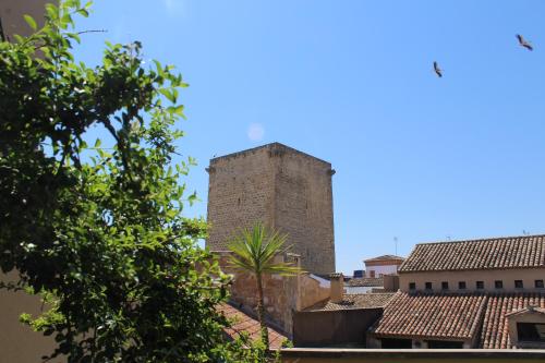 a tall tower looms over the roofs of buildings at Hotel Palacio de Mengibar in Mengibar