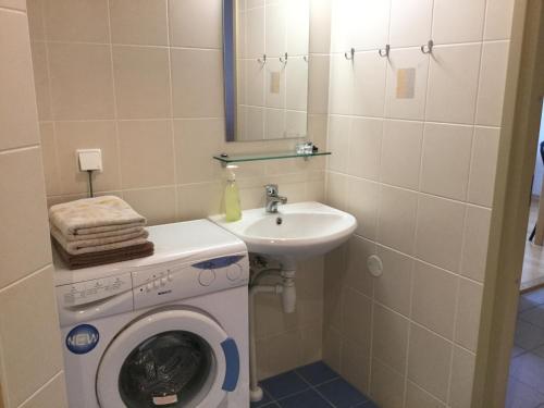 y baño con lavadora y lavamanos. en KURESSAARE TALLINN STREET APARTMENTs, en Kuressaare