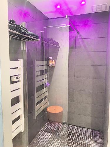 La salle de bains est pourvue d'une douche avec un éclairage violet. dans l'établissement LE DONJON Villa BDSM Port Nature VILLAGE Cap d'Agde naturiste, au Cap d'Agde