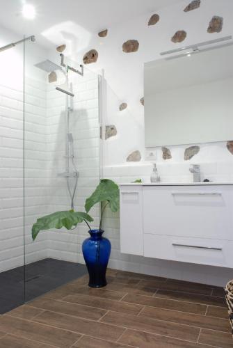 a bathroom with a blue vase with a plant in it at Casa MARIA in Tazacorte