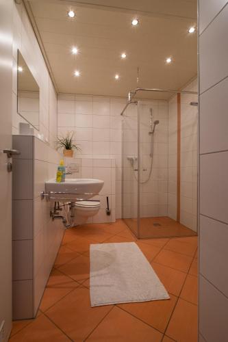 a bathroom with a sink and a shower at Ina's Ferienwohnung in Fischbachtal