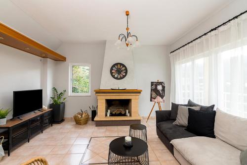 斯塔里斯的住宿－Theros Premium Villa in Stalis Heraklion，带沙发和壁炉的客厅
