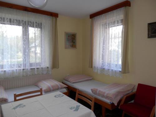 a room with three beds and two windows at Ubytování Verner in Deštné v Orlických horách