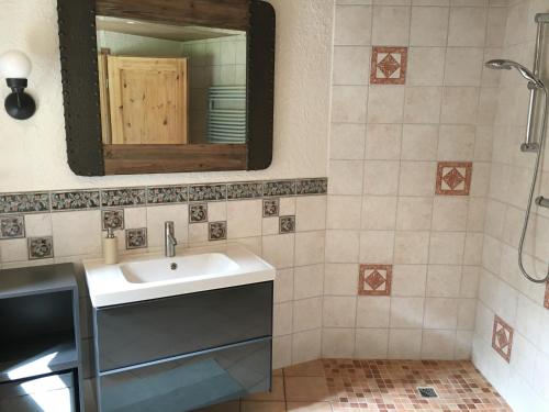 een badkamer met een wastafel en een spiegel bij FH Drosselschmiede in Lütjenholm