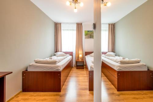 two beds in a room with a window at Pensiunea Armonia in Nădăşelu