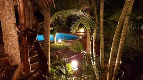 a swimming pool with palm trees and lights at Boutique Hotel Nyumbani Tembo in Watamu