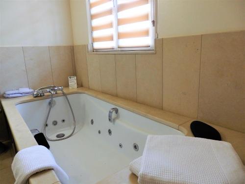 y baño con bañera y ventana. en Hotel Restaurant Chartron, en Saint-Donat-sur-lʼHerbasse
