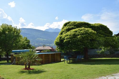 a yard with a tree and a house with mountains at Appartement Le 510 in Aigueblanche