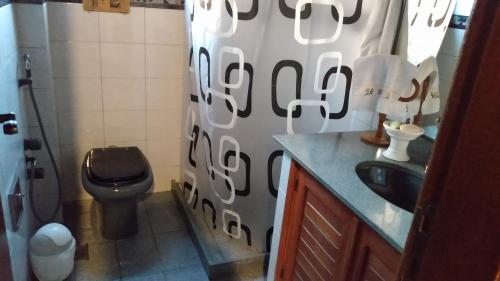 a bathroom with a toilet and a shower curtain at Perto do Centro Histórico in Petrópolis