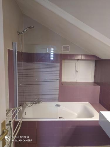 La salle de bains est pourvue d'une baignoire et de carrelage rose. dans l'établissement chambre meublée à louer, à Pouzauges