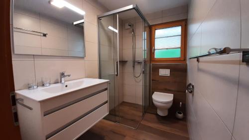 bagno con lavandino, doccia e servizi igienici di Haus Sandra a Fiesch