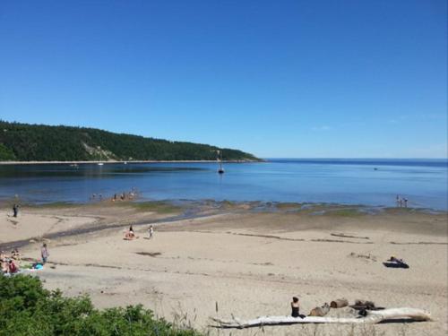 a group of people on a beach near the water at Motel Chantmartin in Tadoussac