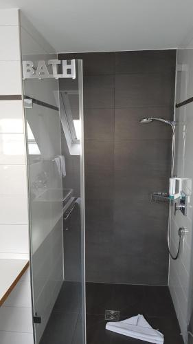 a bathroom with a glass shower with a toilet at Birkhofer See genießen - Aparthotel am Bodensee in Immenstaad am Bodensee