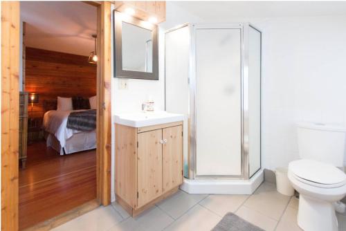 a bathroom with a sink and a toilet and a bed at Rocky Mountain Retreat- Enormous House Sleeps 23 in Banff