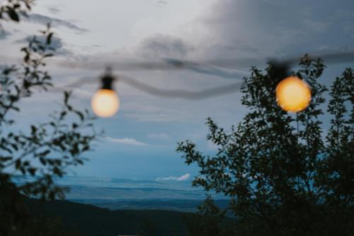 two lights hanging from trees in front of a sky at The Hygge House in Plopi