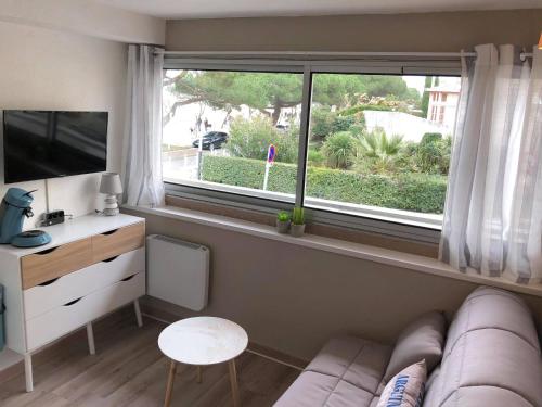 un salon avec un canapé et une fenêtre dans l'établissement Studio Arcachon vue mer en hyper centre, à Arcachon