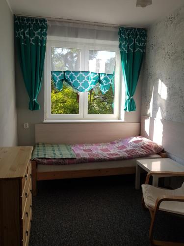 Schlafzimmer mit einem Bett und einem Fenster mit blauen Vorhängen in der Unterkunft Anmar Kościuszki in Danzig