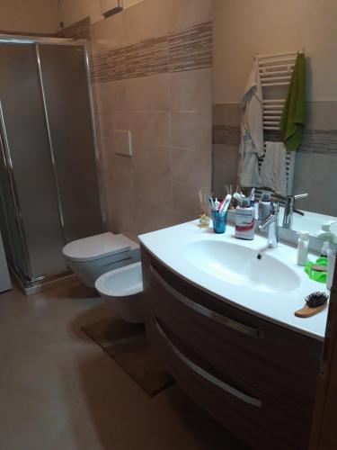 uma casa de banho com um lavatório e um WC em Appartamento em Commezzadura