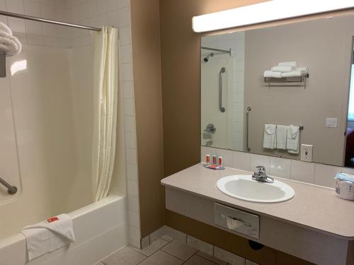 a bathroom with a shower, sink, and mirror at Econo Lodge Inn and Suites Lethbridge in Lethbridge