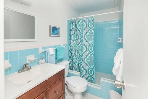 a bathroom with a sink and a toilet and a shower at Beachfront White Palm Villa- Tar Bay, Great Exuma in Rokers Point Settlement