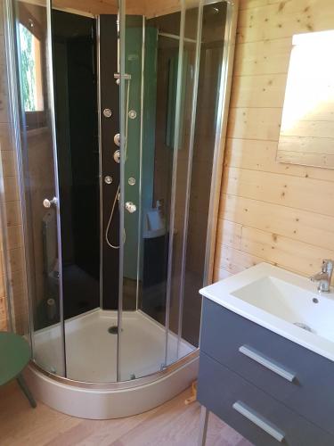 une salle de bain avec douche et lavabo dans l'établissement Insolite Chalet de pêche Sérénité - Bien Etre, à Ban-sur-Meurthe-Clefcy