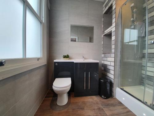 a bathroom with a toilet and a sink and a shower at City Space in Doncaster